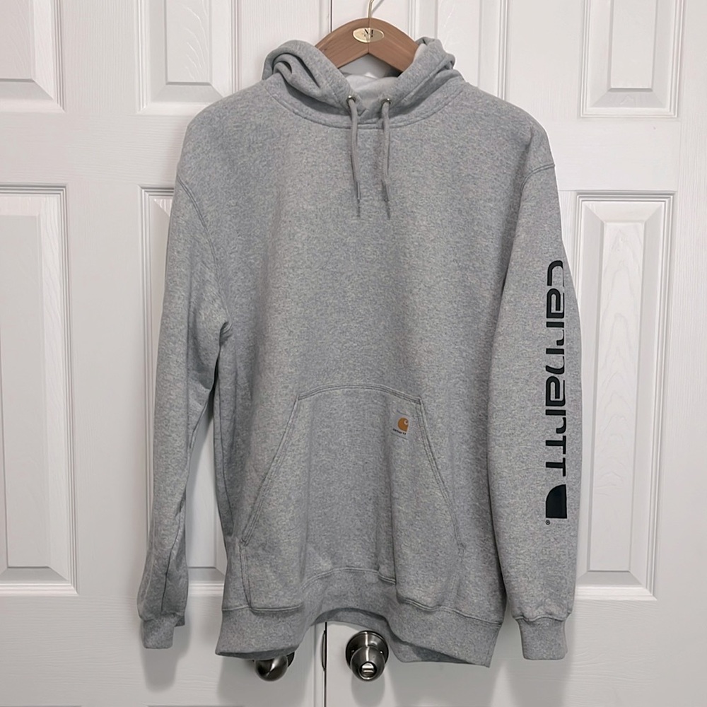 Carhartt Men’s Light Gray Loose Fit Midweight Logo Sleeve Graphic Sweatshirt
